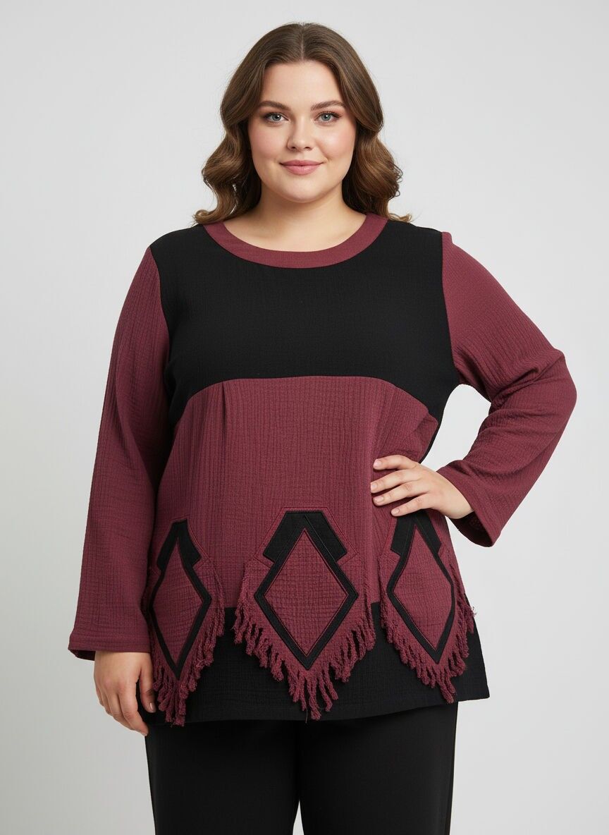 Pullover mit Rippeneffekt in Burgunderrot und Schwarz in Übergröße (A815)