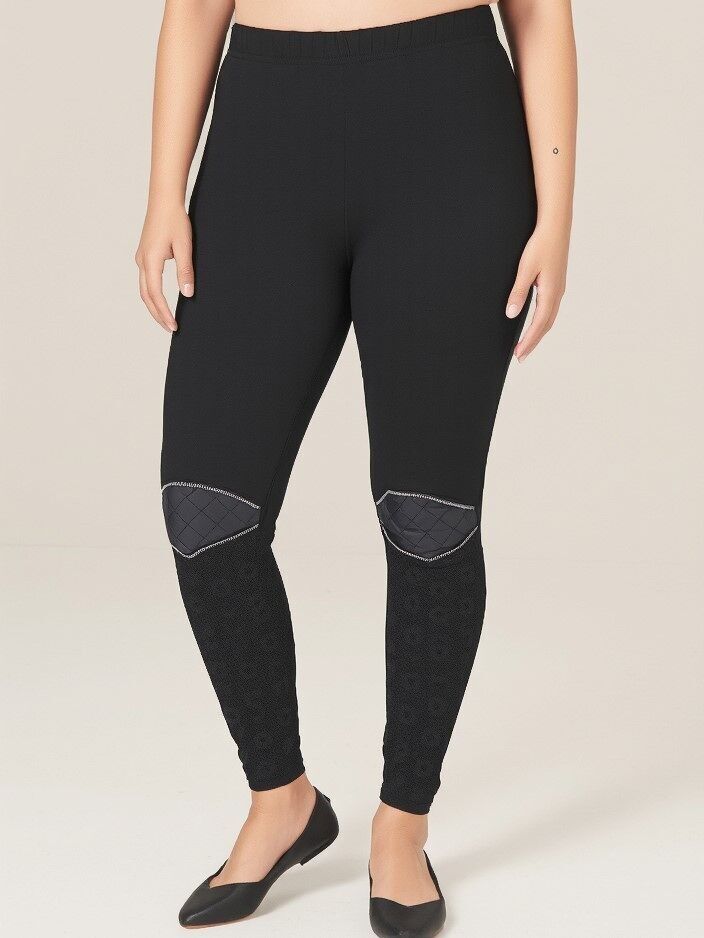 Legging grande taille avec empiècement similicuir et dentelle (B108)