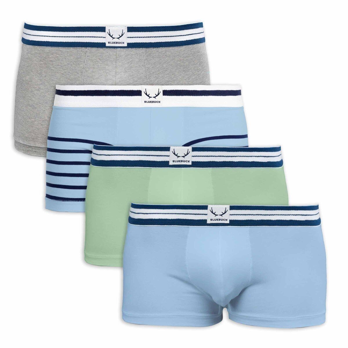 4 blaue und hellgrüne Herren-Boxershorts aus Bio-Baumwolle