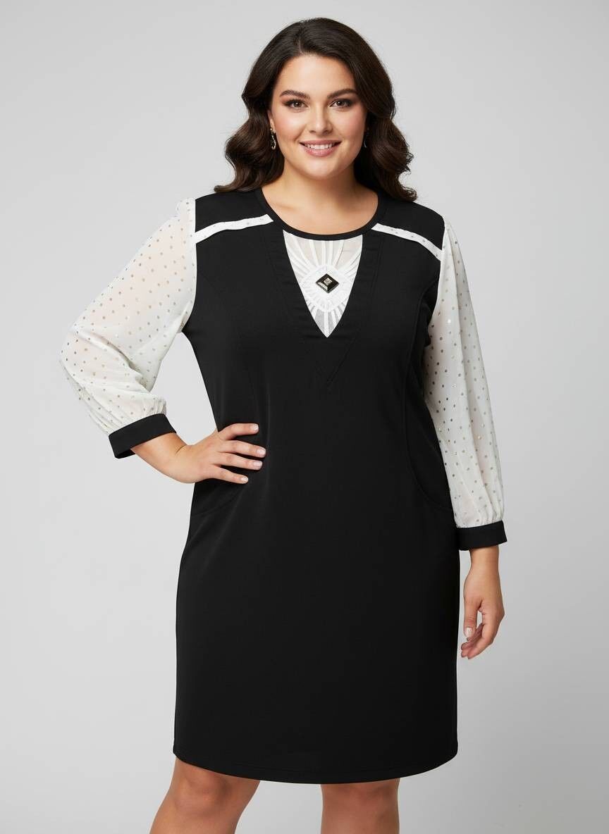 Schwarz-weißes Kleid mit gepunkteten Ärmeln in Übergröße (A812)