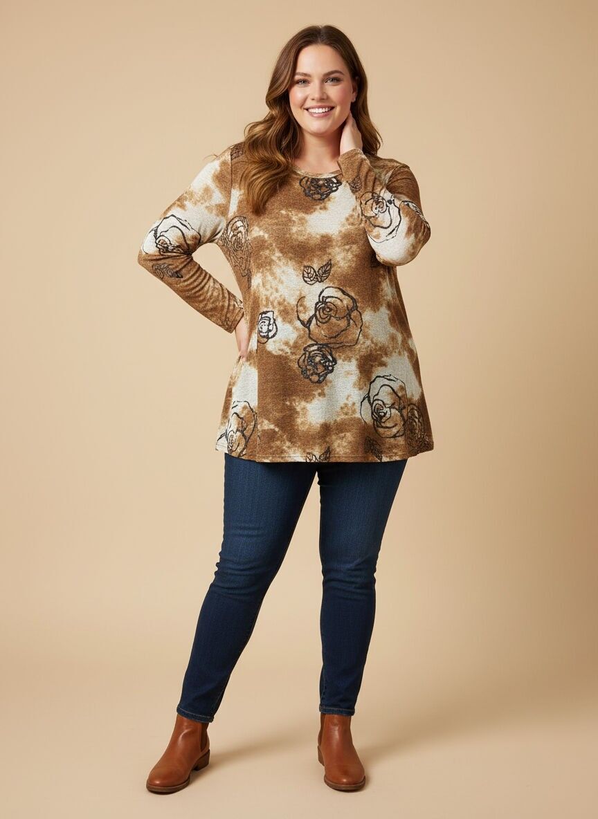 Brauner bedruckter Feinpullover in Übergröße (A826)