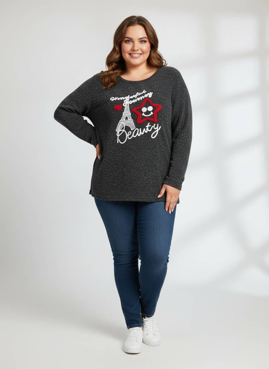 Grauer bestickter Pullover in Übergröße (A961)