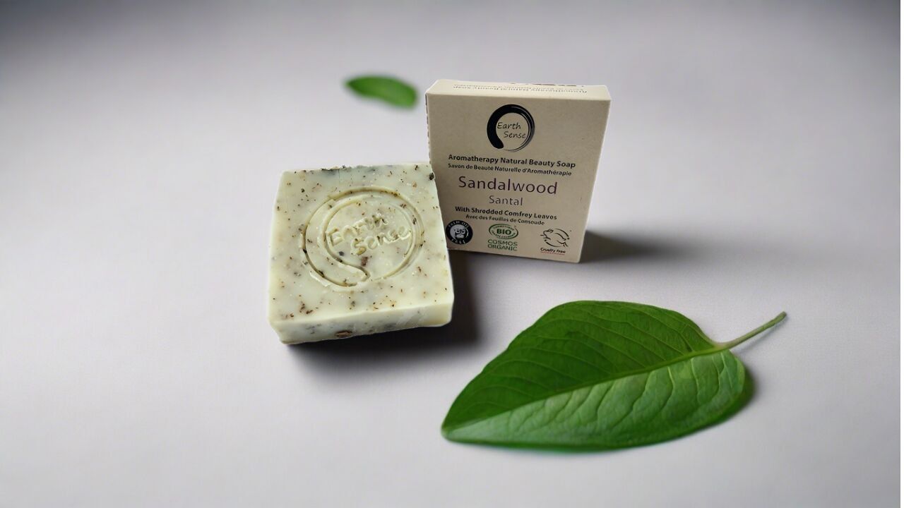 Organic Certified Solid Soap - Sandalwood with Shredded Comfrey Leaves 90g