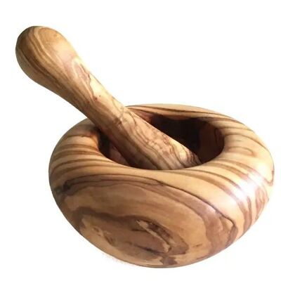 Mortar with pestle rounded handmade from olive wood