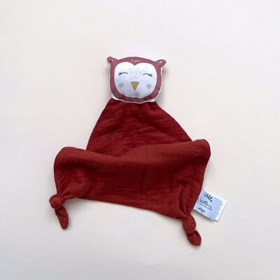 Doudou Hibou en double gaze rouge terracotta