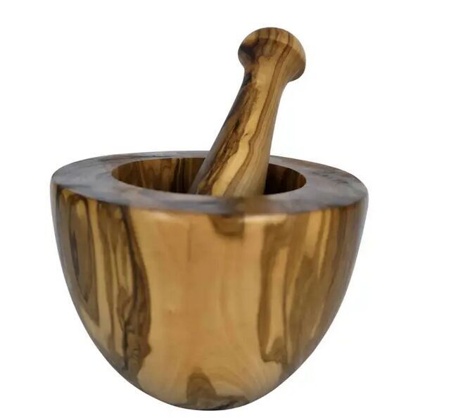 Mortero y maja aplanados de madera de olivo