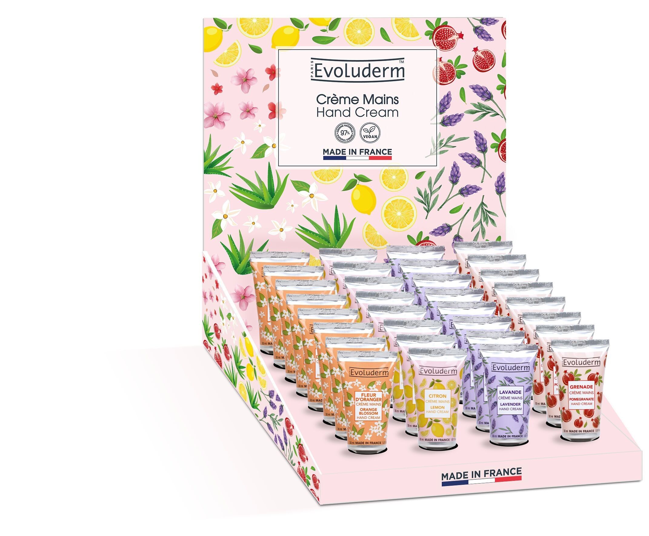 Expositor de cremas de manos gourmet - 24 cremas de manos de 30 ml + 1 expositor - Suavidad vegetal