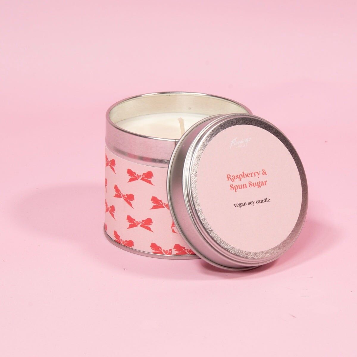 Raspberry & Spun Sugar Red & Pink Bow Tin Candle