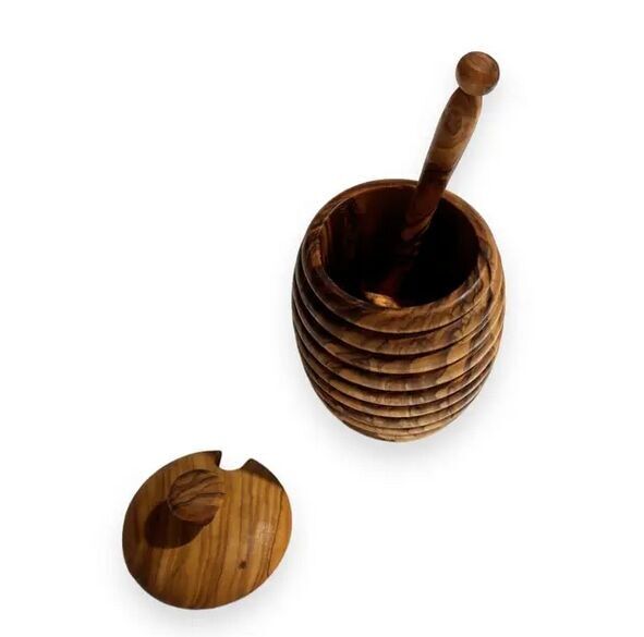 Vaso per il miele con mestolo per il miele in legno d'ulivo fatto a mano