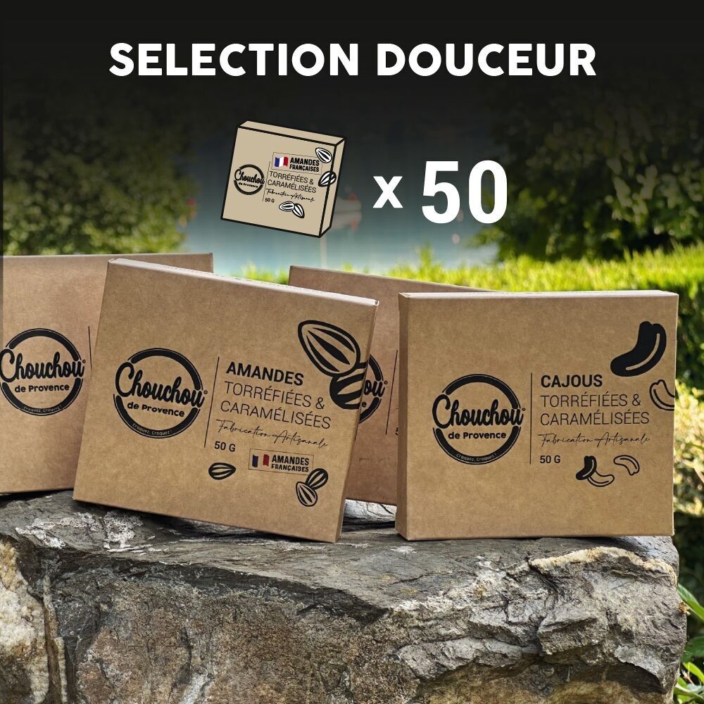 CONFEZIONE DI IMPLEMENTAZIONE 50x 50g Chouchou Cases Caramellate Mandorle e Anacardi