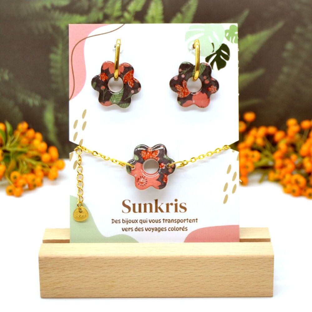 Conjunto de flores de resina y acero inoxidable – Joyas artesanales y coloridas para mujer – Colección Otoño