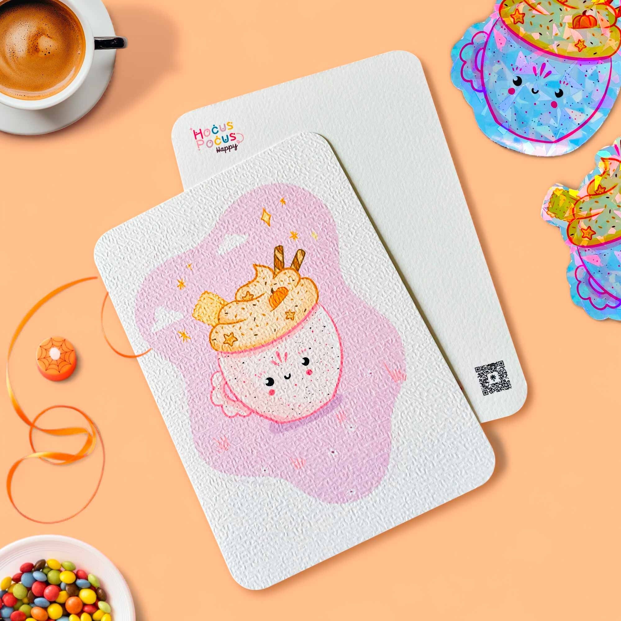 Postkarte, Kawaii Herbst-Gourmet-Tasse - Illustriert und hergestellt in Frankreich