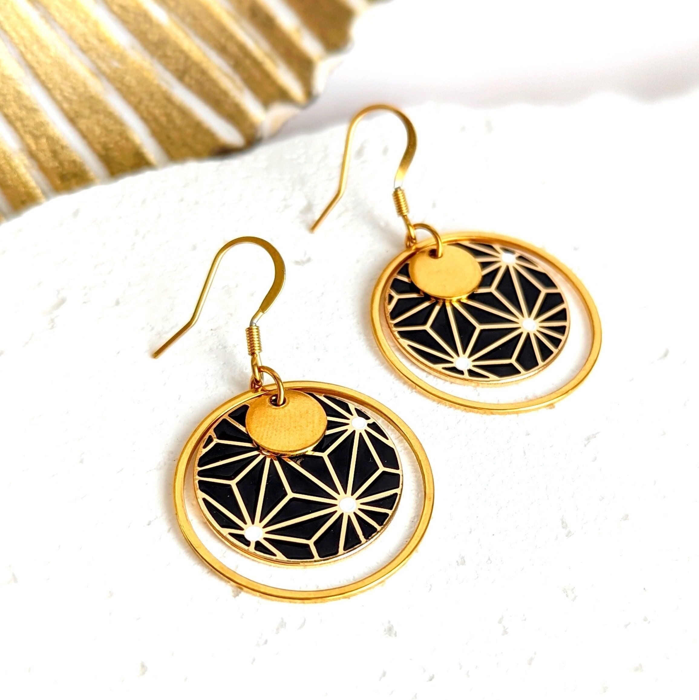 Women's black and gold enamel Japanese star pattern drop earrings, surgical steel hooks