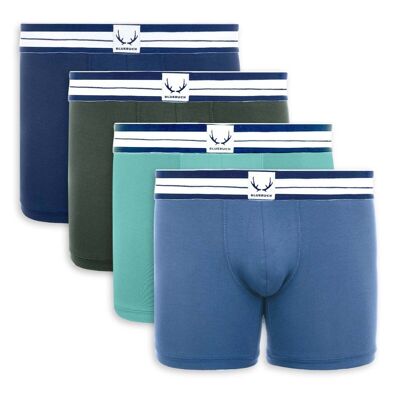 4 bóxers largos para hombre en algodón orgánico, color verde y azul.