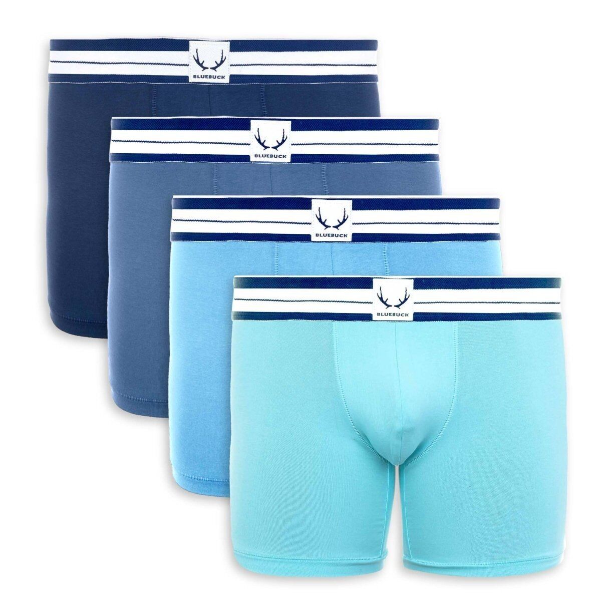 4 lange Herren-Boxershorts aus türkis-blauer Bio-Baumwolle