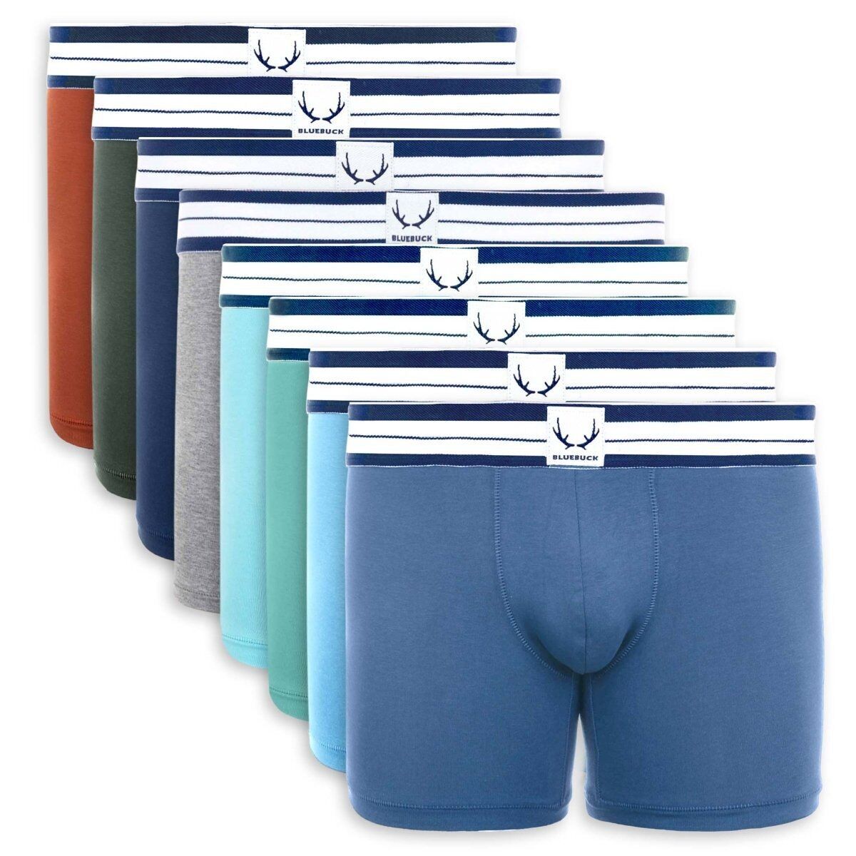 8 lange Herren-Boxershorts in Rot, Blau, Grün und Grau aus Bio-Baumwolle