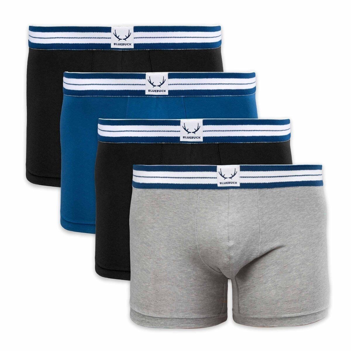 4 lange Herren-Boxershorts in Schwarz, Grau & Blau aus Bio-Baumwolle