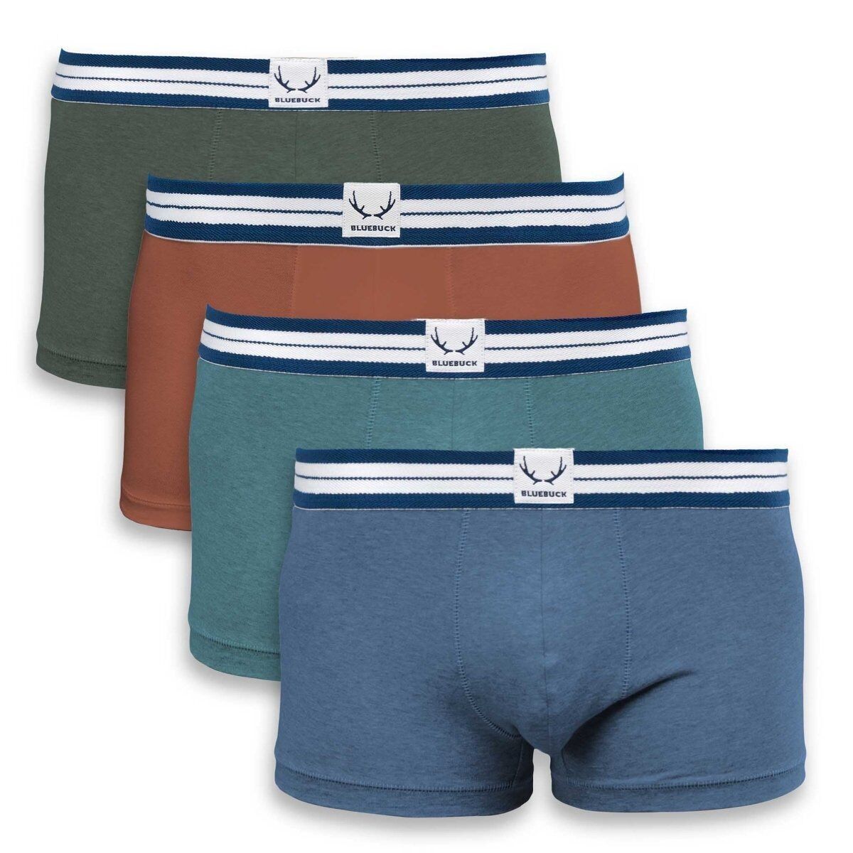 4 Herren-Boxershorts in Dunkelgrün, Ziegel, Ozeangrün, Mondblau aus Bio-Baumwolle