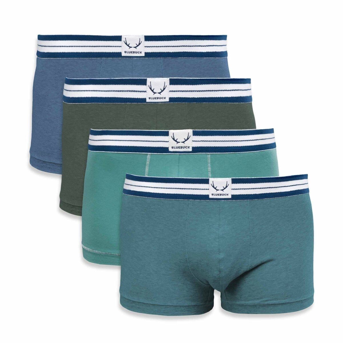 4 Herren-Boxershorts aus Bio-Baumwolle in Ozeangrün, Mondblau, Dunkelgrün und Grün