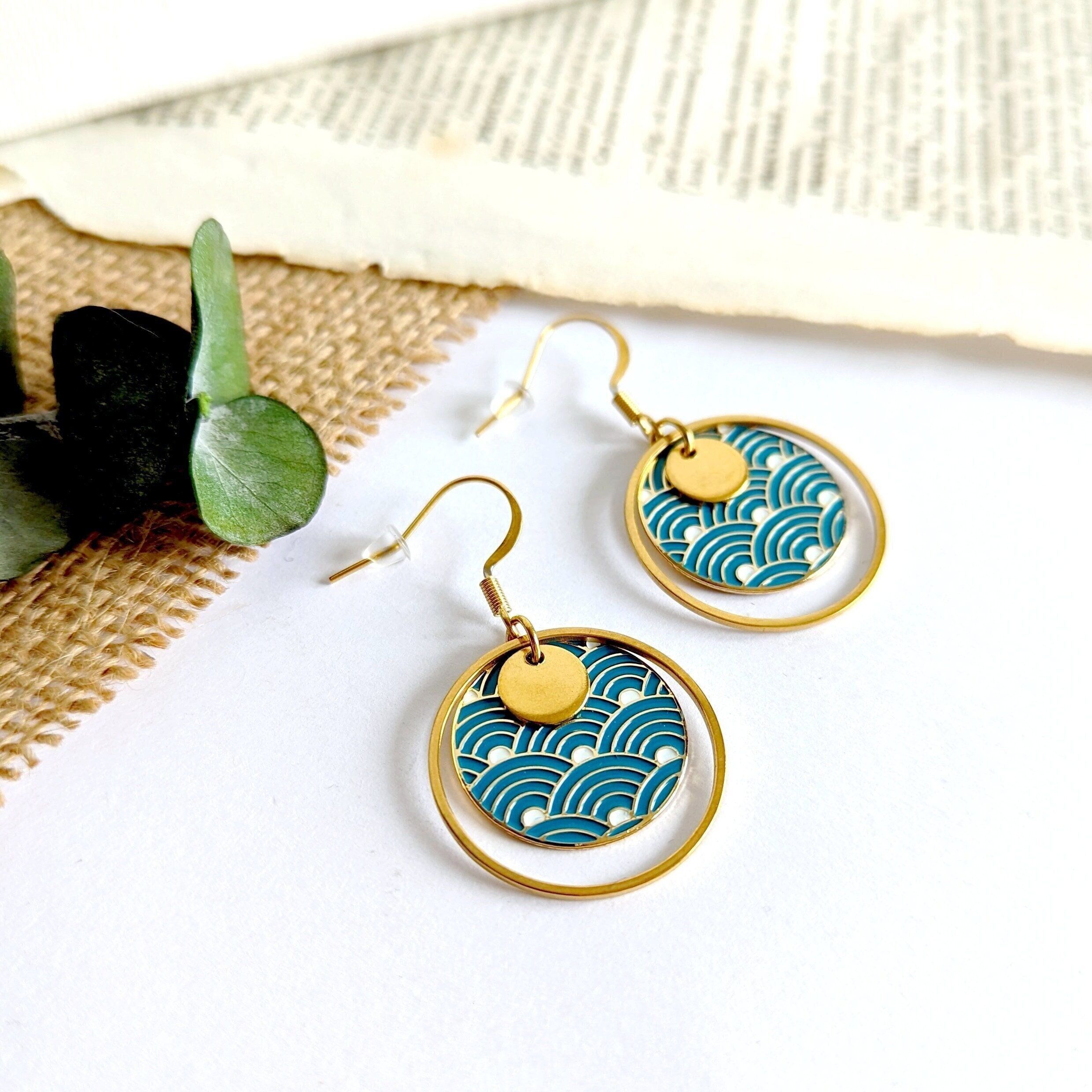 Duck Blue Japanese Wave Earrings - Hypoallergenic Stainless Steel Hooks