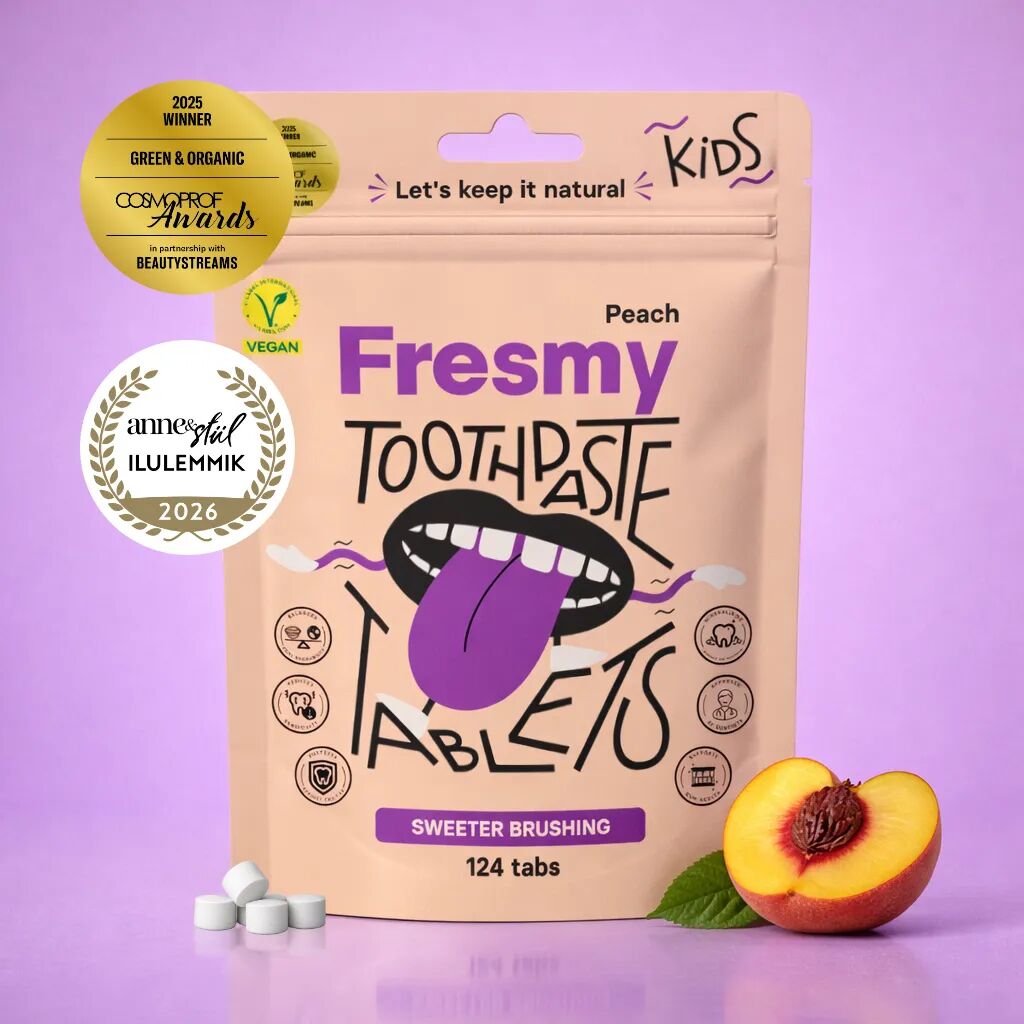 Peach Toothpaste Tablets for Kids in refill bag