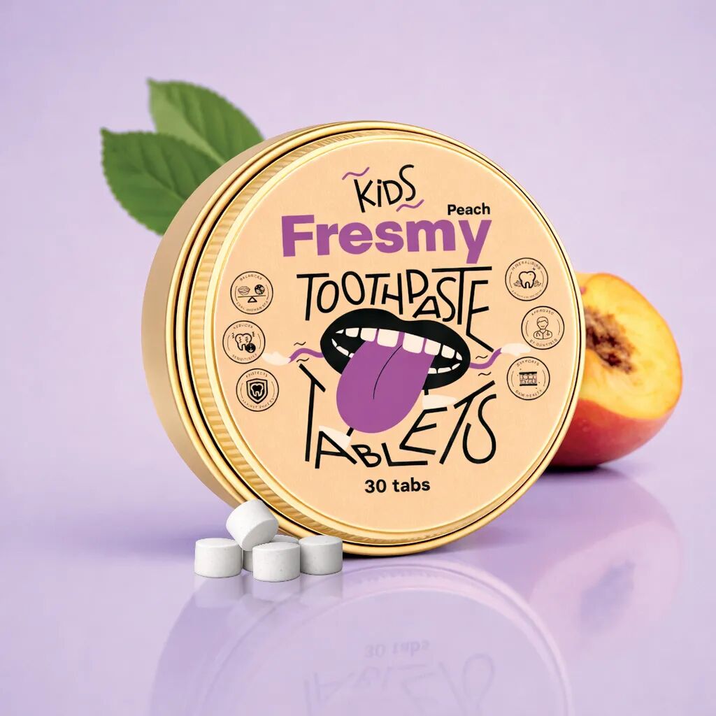 Pfirsich-Zahnputztabletten für Kinder in Aluminiumdose