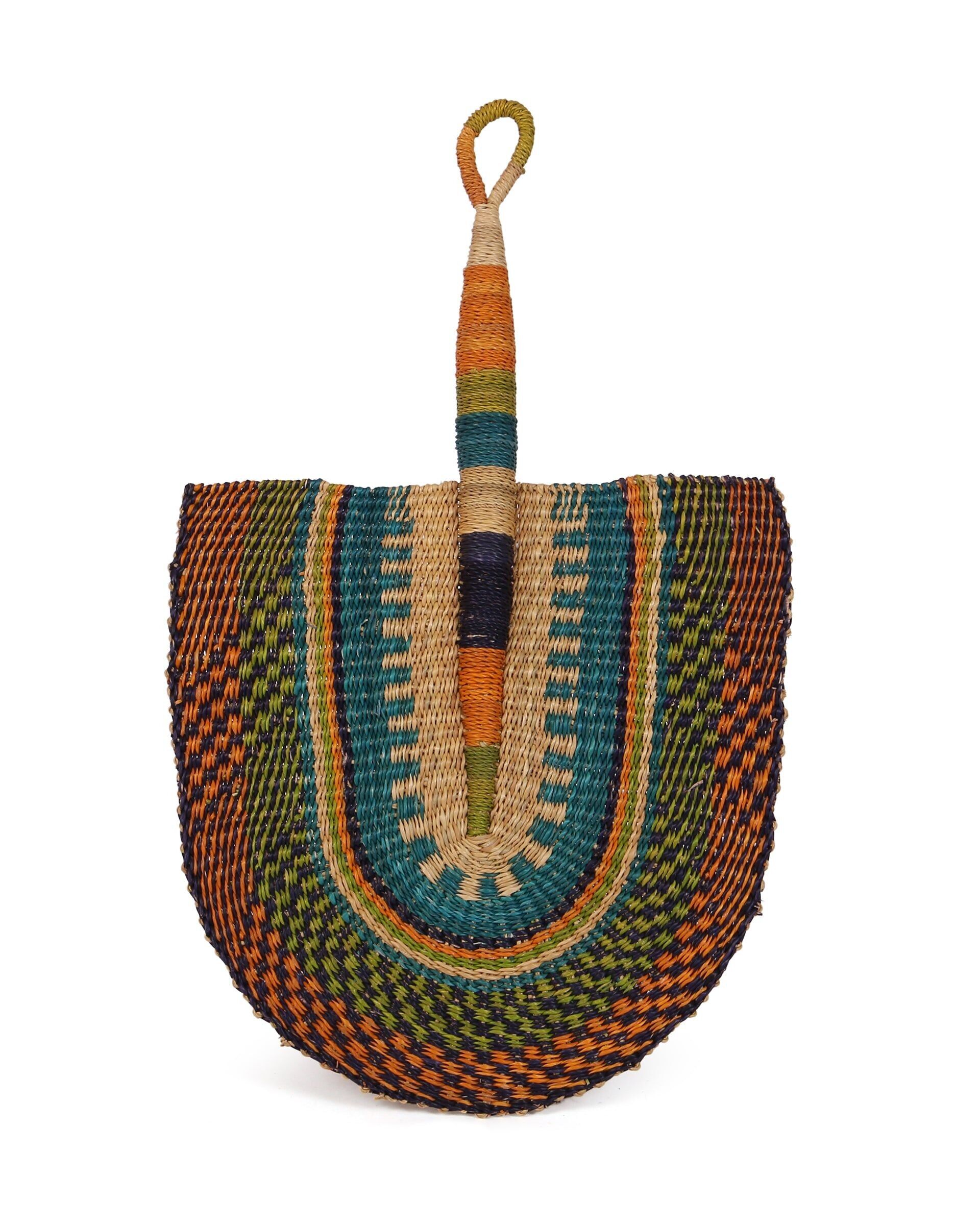 BINGUI : Éventail tissé bleu, vert et orange