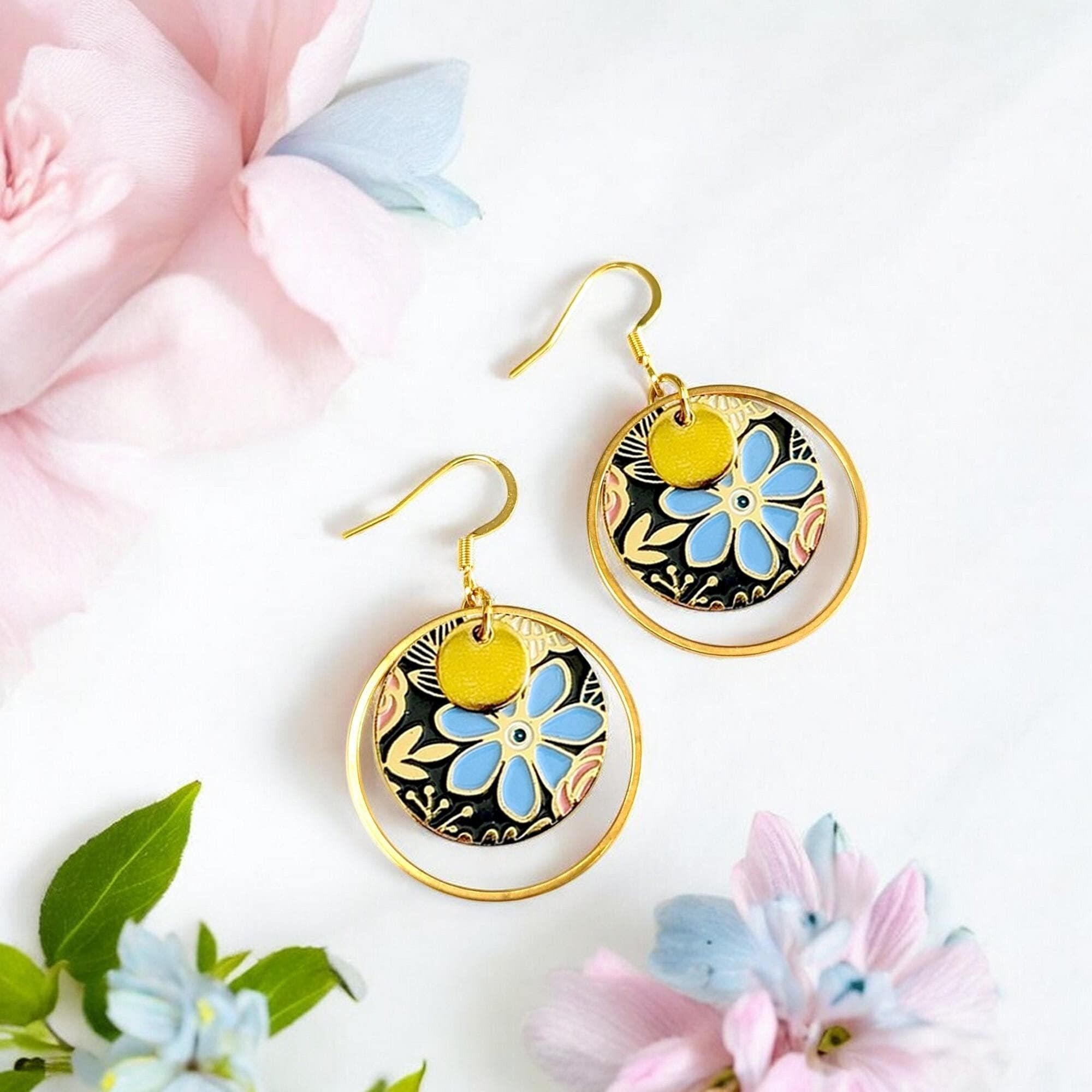 Boucles d'oreilles pendantes et rondes pour femme - Email, Laiton doré placage + et acier inoxydable