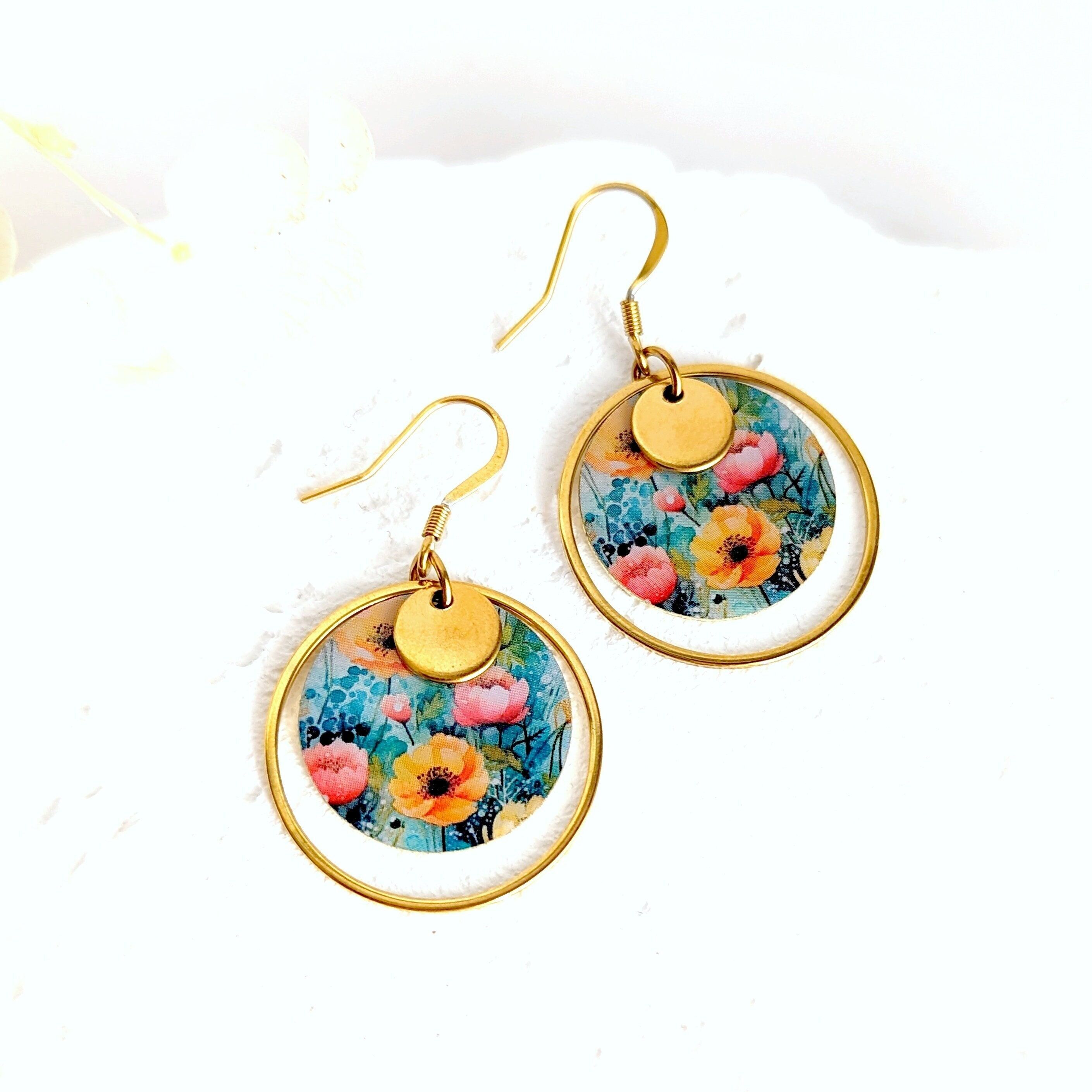 Boucles d'oreilles pendantes fleurs multicolores pour femme