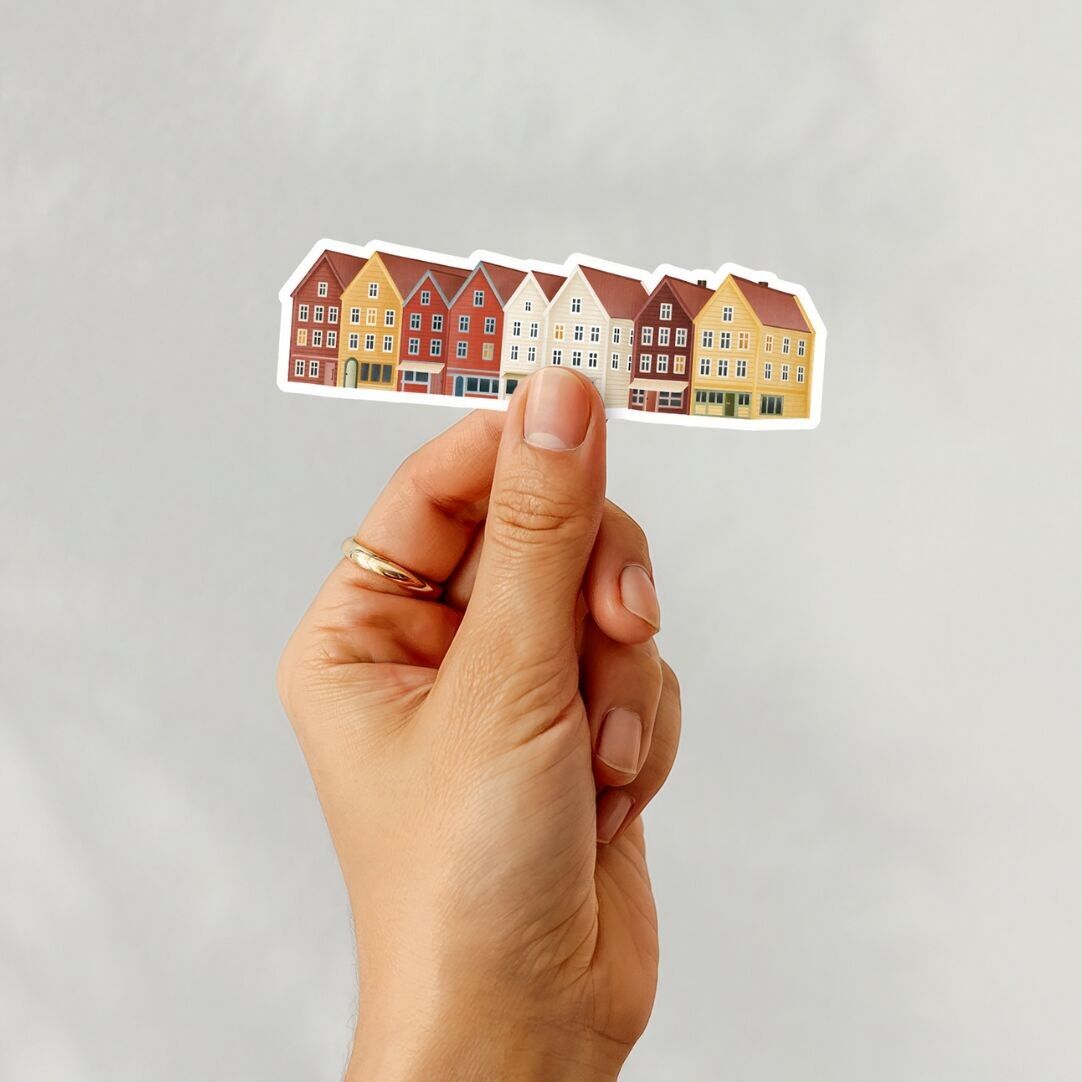 Vinyl Sticker Häuser in Bergen Norwegen - rote Häuser Aufkleber - Skandinavien Kiss Cut Sticker Reise