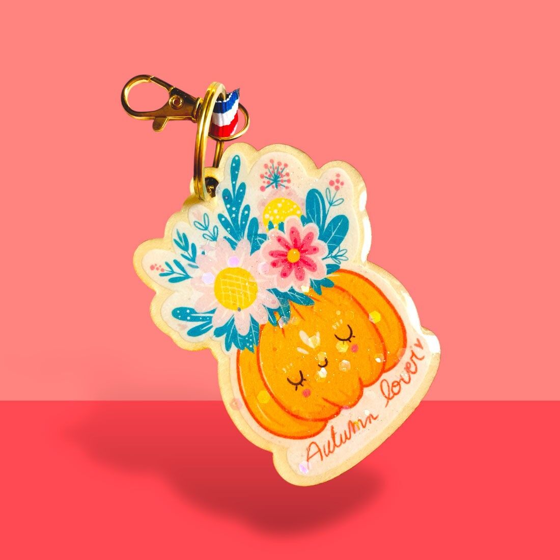 Herbstblumen-Kürbis-Schlüsselanhänger, aus Holz und Harz, handgefertigt in Frankreich