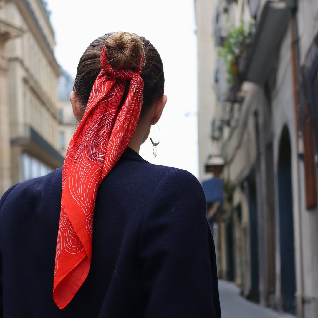Foulard Pieuvre - Rouge - 90 cm - Coton/Soie