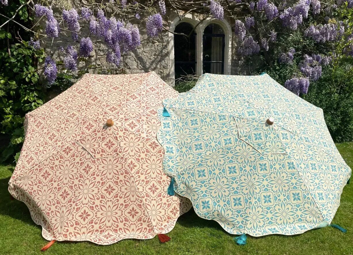 ‘Londra Blu' 2.Ombrellone da esterno di alta qualità in legno massello con frange e nappe, 2 m