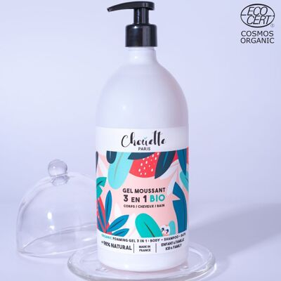 Certified Organic 3 in 1 Foaming Gel - Gentle cleanser for body, hair and bath - Enriched with Shea Butter and Jojoba Oil