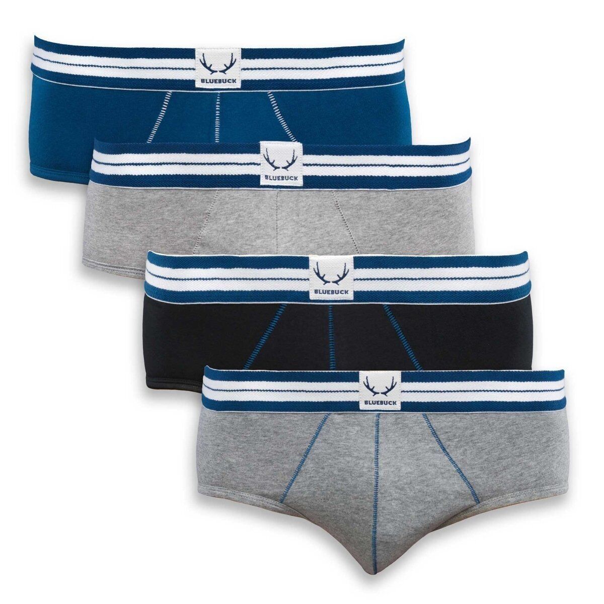 4 klassische Herren-Slips in Marineblau, Schwarz und Grau aus Bio-Baumwolle