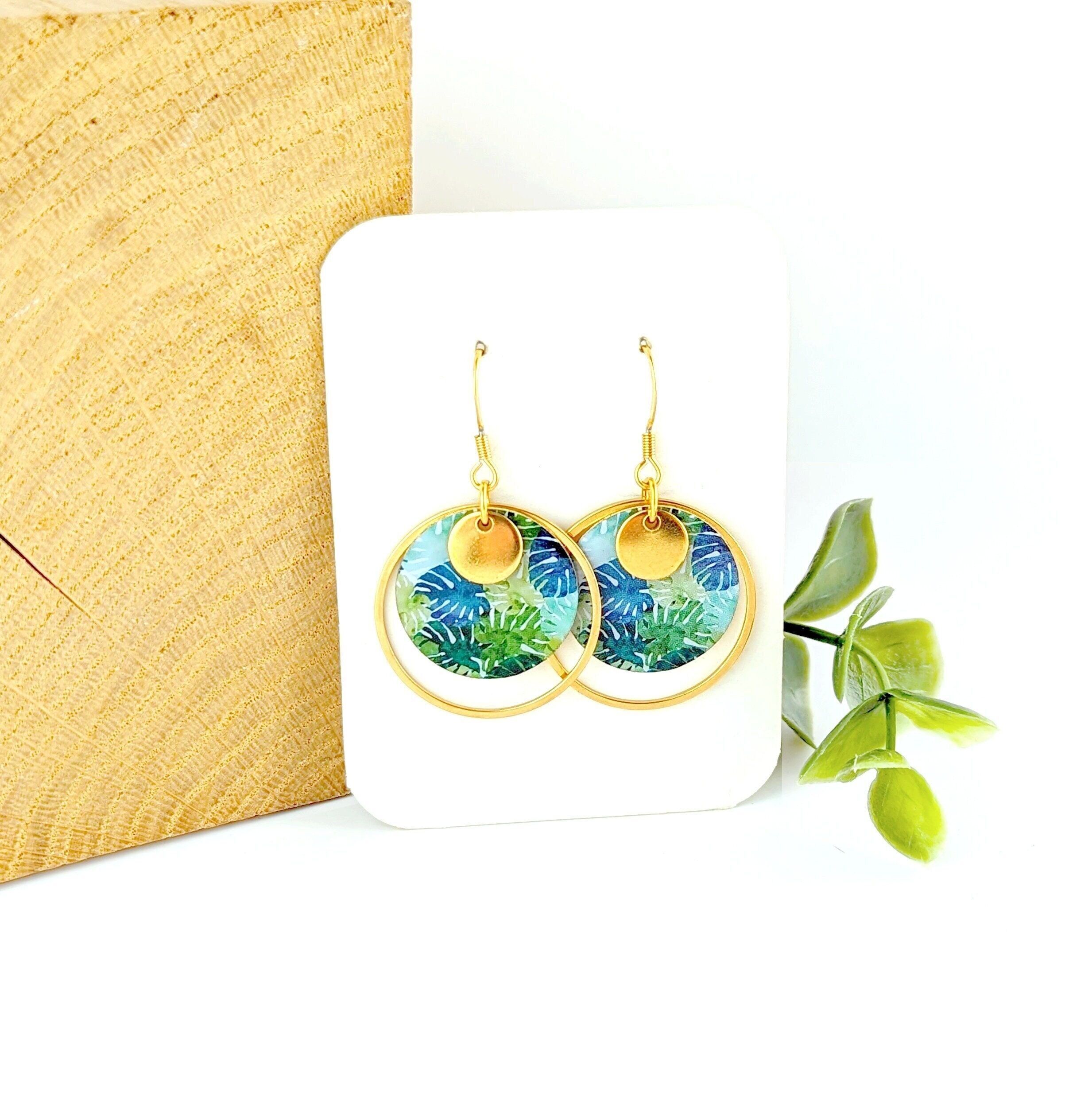 Green and duck blue leaf earrings for women - Hypoallergenic hooks