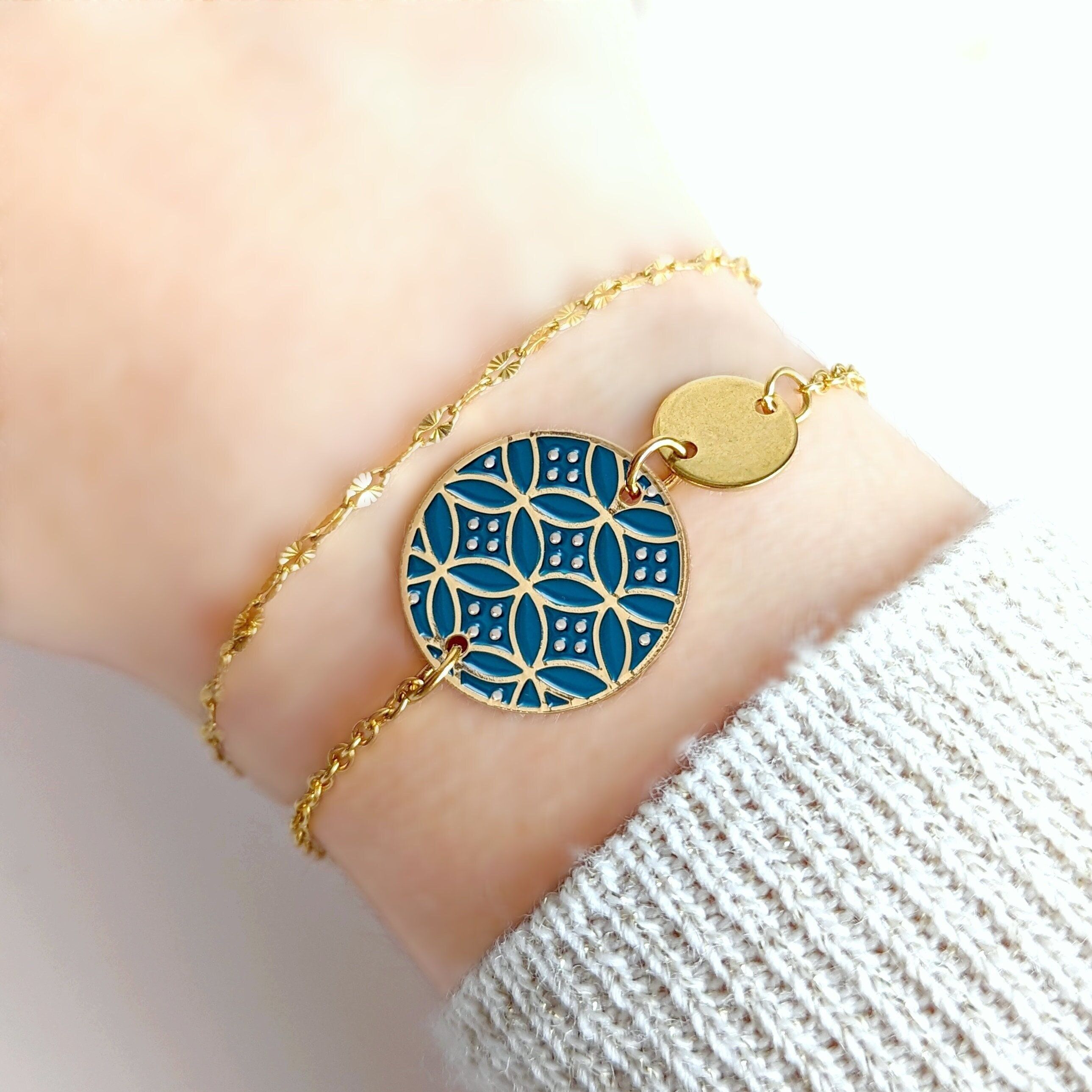 Bracelet ajustable émail bleu canard pour femme - Bijou fantaisisie style art déco japonais