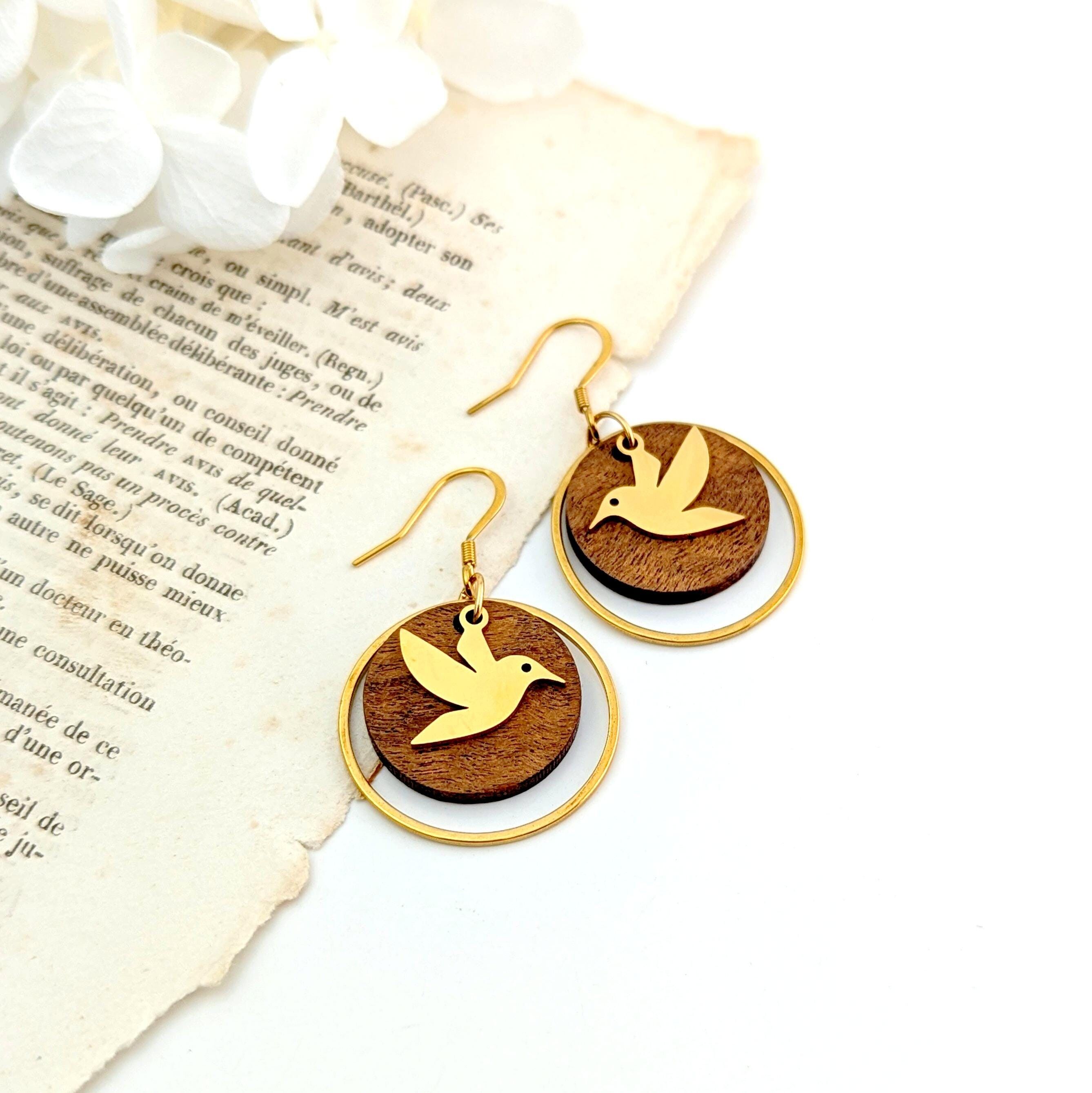 Boucles d'oreilles en bois avec pendentifs colibri en acier inoxydable doré, bijoux fantaisie femme