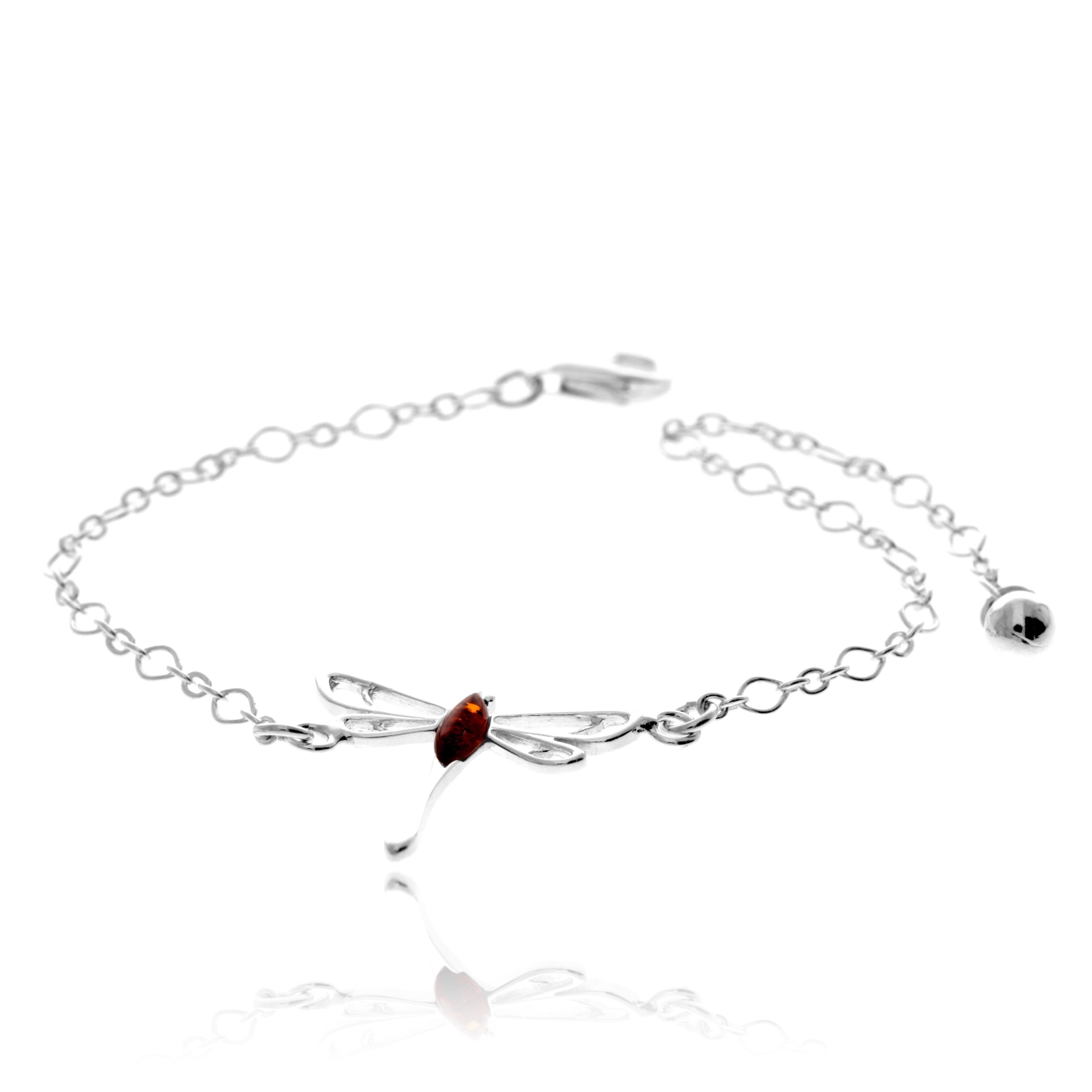 925 Sterling Silber & echter baltischer Bernstein Libellen-Kettenarmband - 3371