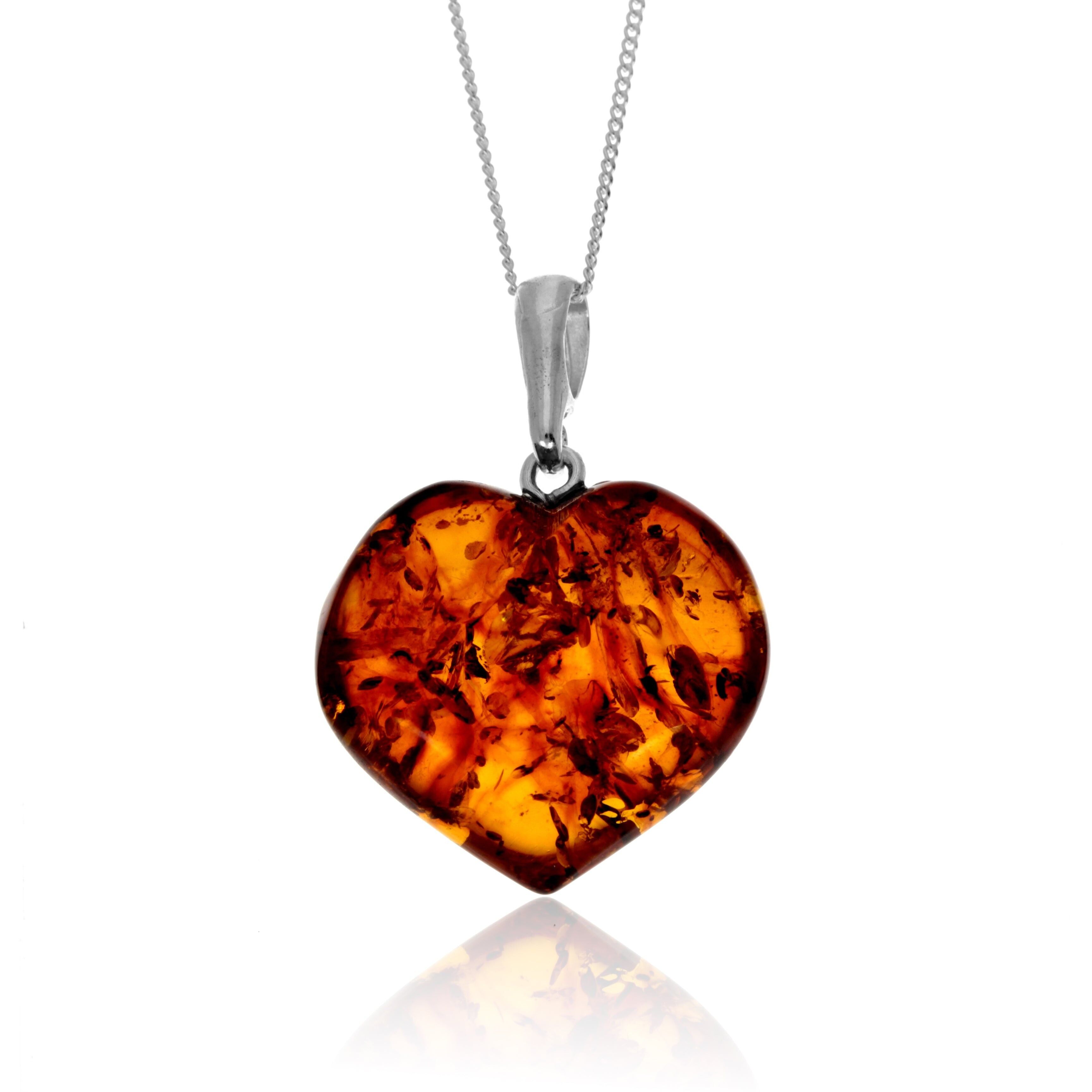 Klassischer Herzanhänger aus 925er Sterlingsilber und echtem, gepresstem baltischen Bernstein in Cognac – AP19