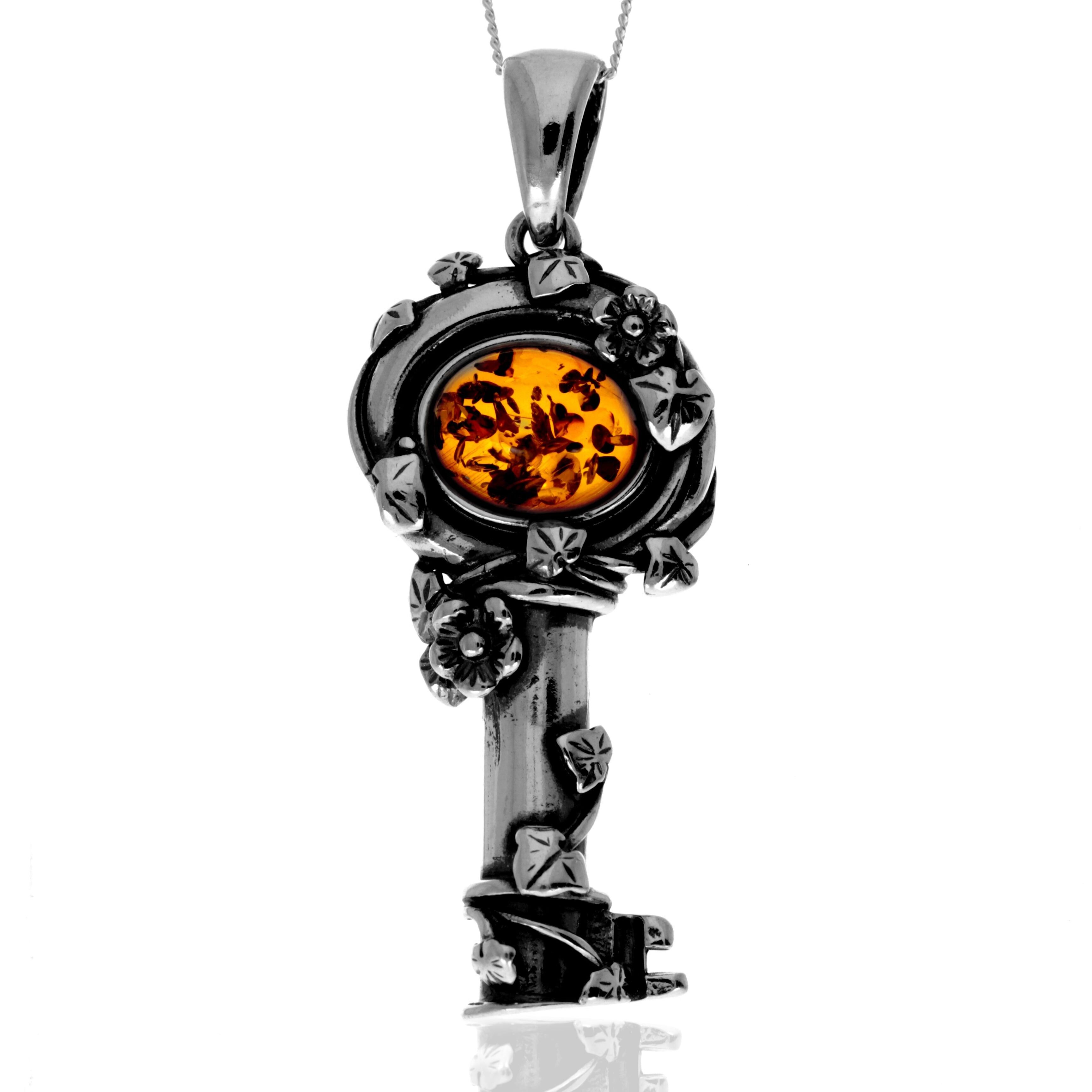 Großer Schlüsselanhänger aus 925er Sterlingsilber und echtem baltischen Bernstein – 691