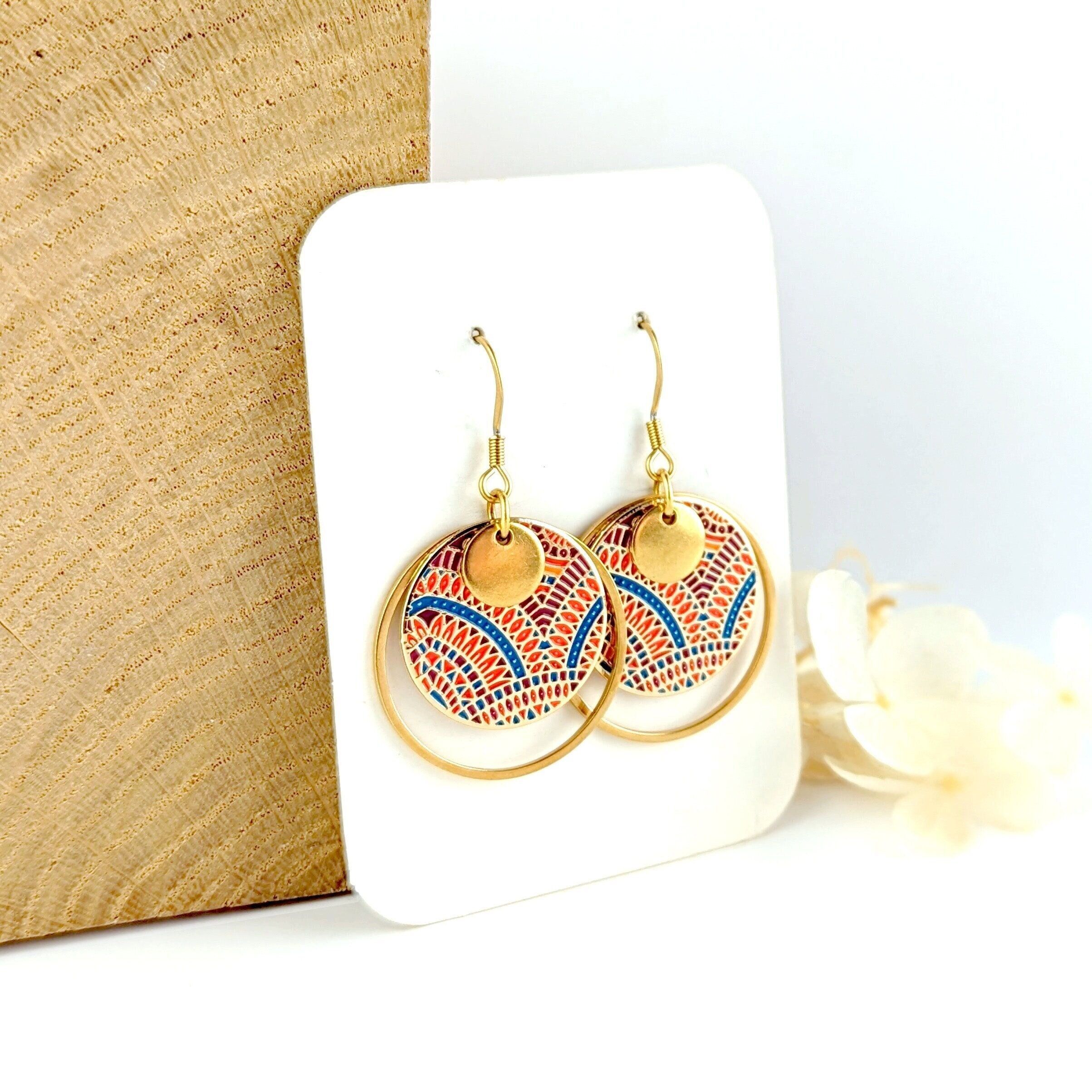 Aztec style earrings for women, colorful enamel costume jewelry