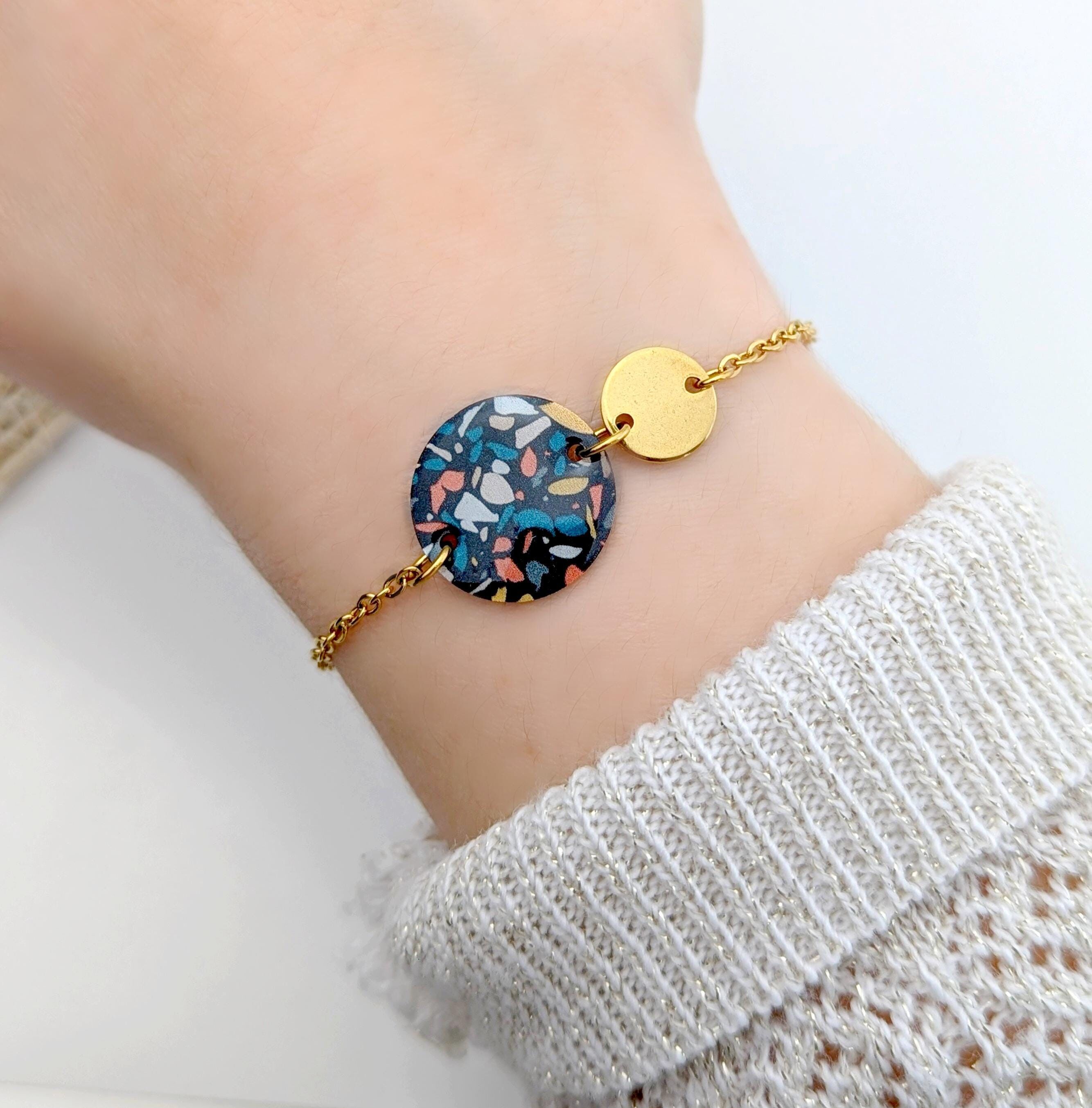 Bracelet coloré terrazzo motif tendance en résine et acier inoxydable pour femme