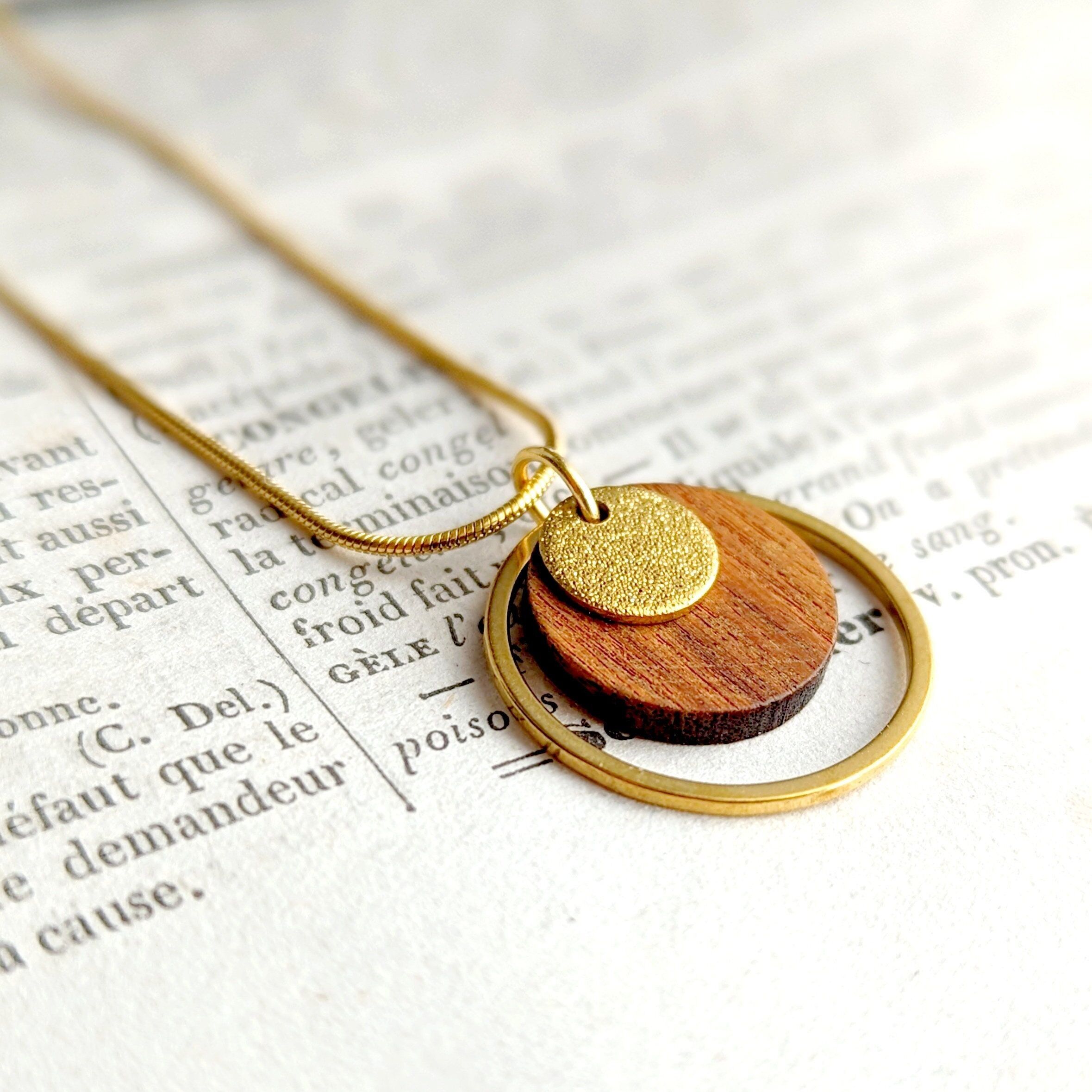 Collana con ciondolo rotondo in legno di noce e catena - Acciaio inossidabile dorato per donna