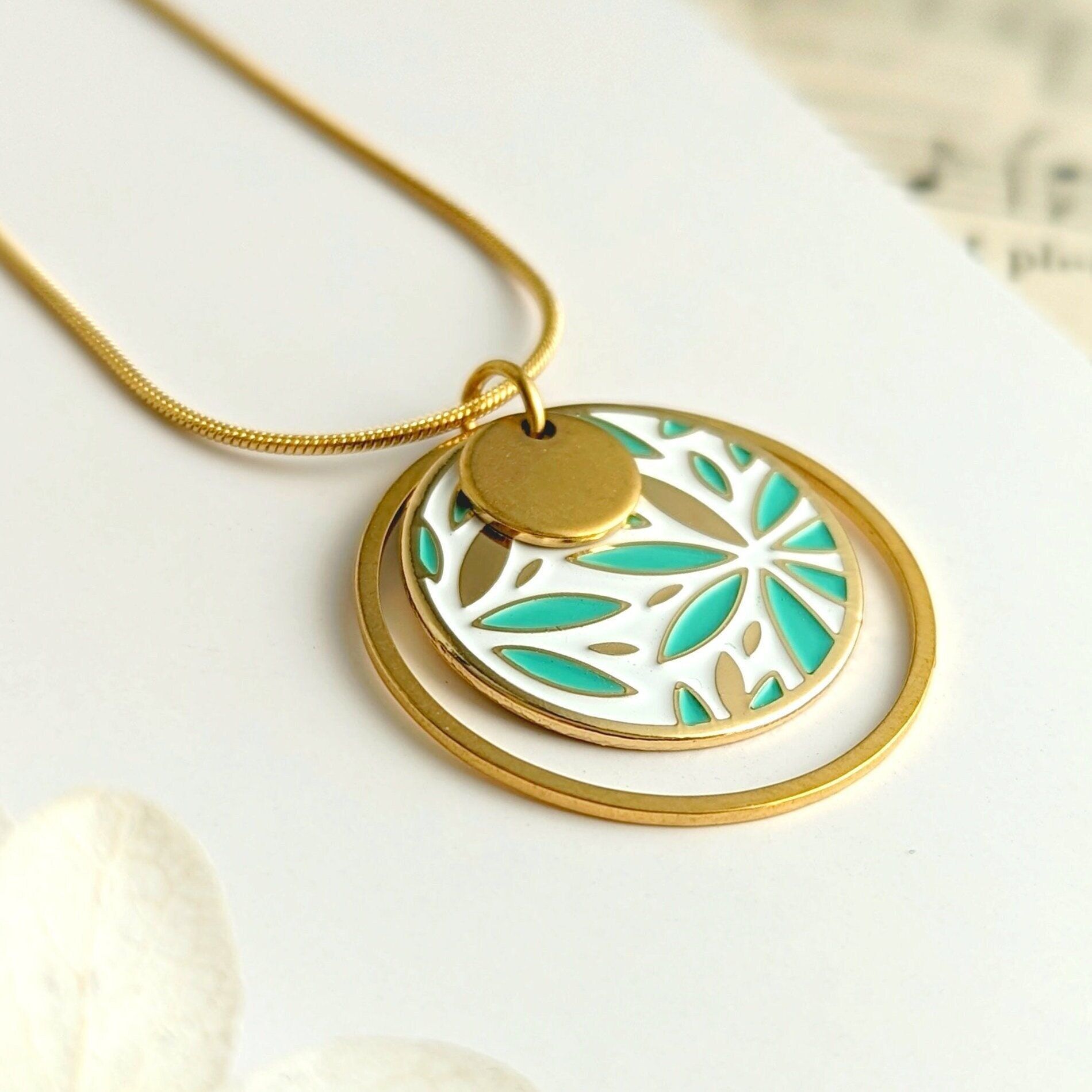 Collana con ciondolo e catena a forma di fiore verde acqua da donna, gioielli in smalto