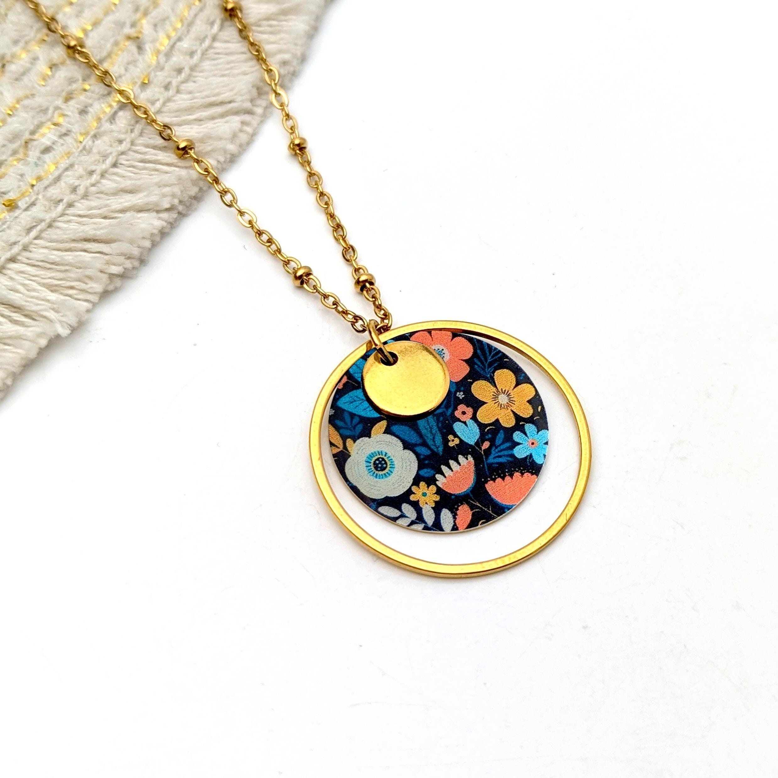 Collana con ciondolo in resina e acciaio inossidabile per donna, bigiotteria floreale popolare