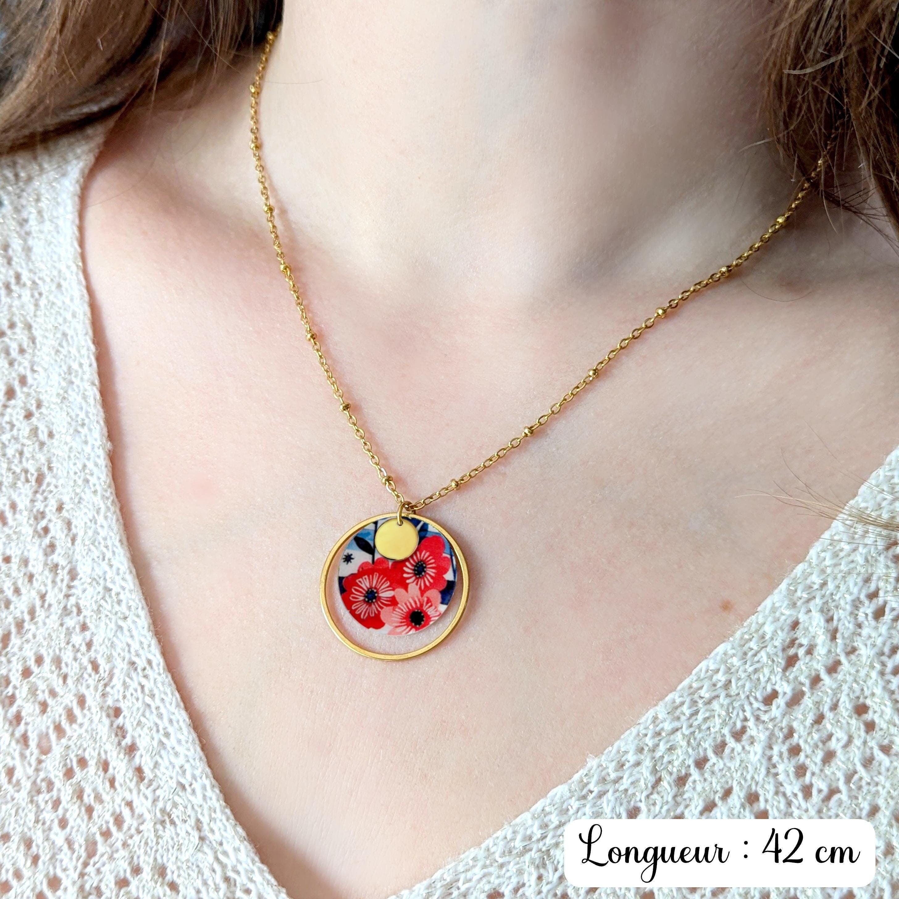 Collana con ciondolo a forma di fiore rosso e blu scuro per donna, gioielli in resina e acciaio inossidabile