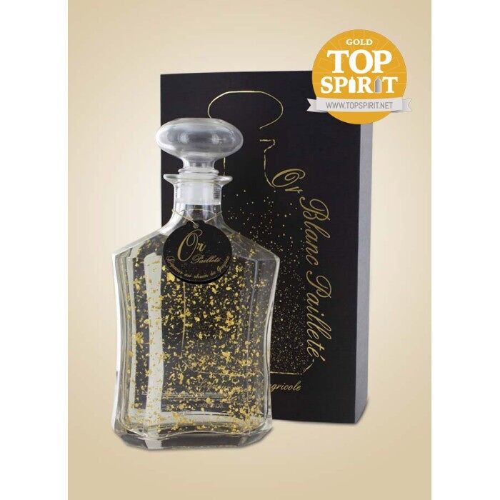 Caja de licor con purpurina dorada de 70 cl