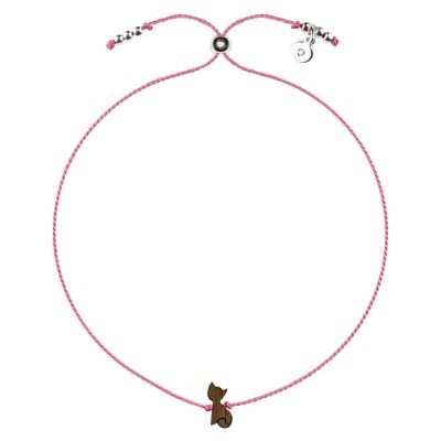 Wooden Happiness Bracelet - Cat - pink cord