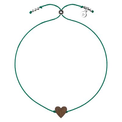 Wooden Happiness Bracelet - Heart - green cord